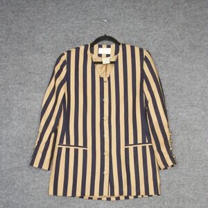 Vintage Apart Blazer Womens 6 Navy Tan Striped Collarless Gold Button Business